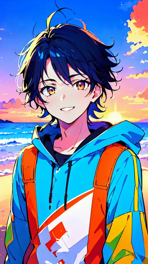 [(CITYPOP BACKGROUND:1.5),::5], ((((masterpiece)))), high quality, ultra very high resolution, full color, (((solo))), ((little younger boy)), (men's Short Black hair), (Blue streaked hair), (Sunset Orange eyes), anime, ((upper body)), Summer clothes, neon...