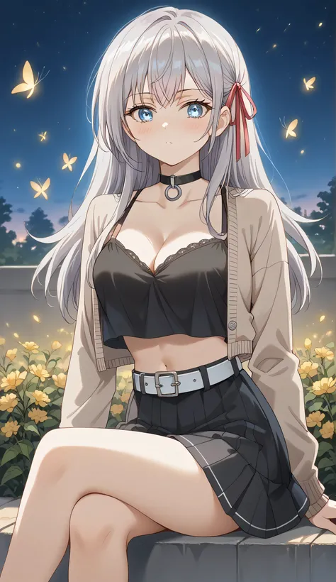 score_9, score_8_up, score_7_up, source_anime, alisamikhailovnakujou, alisa mikhailovna kujou, long hair, bangs, blue eyes, Gray hair, red ribbon, navel, blush, solo, looking at viewer, medium breasts:1.3, ((Black Spaghetti strap, crop top overhang, cleava...