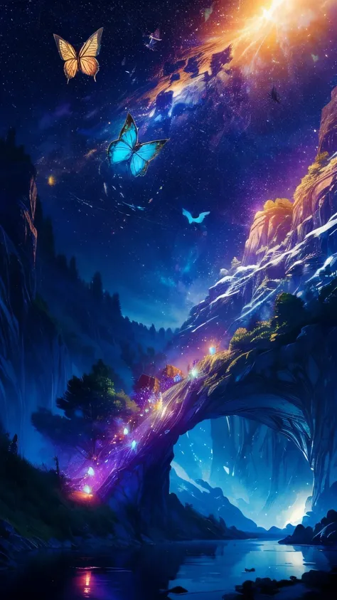 超 high definition,  high definition,  high quality , Spectacular Scenery ,(((A large group of morpho butterflies that shine like jewels flying around on water)), star空を見上げている. 彼女をカラフルなstar雲とカラフルな森で囲みます. shot with a fisheye lens ,((( mystical atmosphere )))...