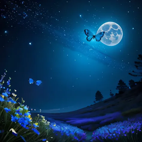 painting of a blue butterfly flying over a blue planet, soft blue moonlight, blue moonlight, blue moon light, ✨🕌🌙, blueish moonlight, blue night, glowing blue butterflies, beautiful art, butterfly, blue moon, in the moonlight, blue fireflies, harmony of bu...