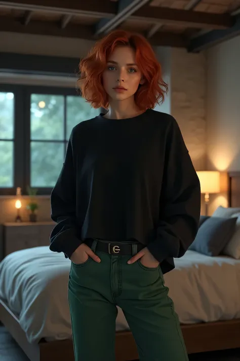 Woman, 24 years old, green jeans, oversize black sweater, short red hair with curls, slight smile, shy, standing in bedroom with large bed and panoramic windows, industrial style, night