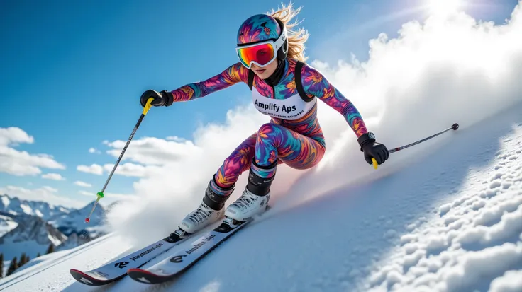 Close up shot in a stunning mountain scenery, blue sky and sun, 90 degree angel shot, side view, extreme busty model speed skiing down a mountain slope with snow clouds springing off the terrain, big E cup breasts, she wears a tight vivid colorfull skiing ...