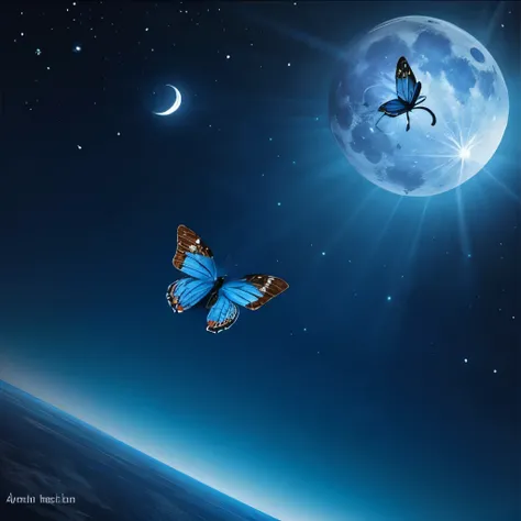 painting of a blue butterfly flying over a blue planet, soft blue moonlight, blue moonlight, blue moon light, ✨🕌🌙, blueish moonlight, blue night, glowing blue butterflies, beautiful art, butterfly, blue moon, in the moonlight, blue fireflies, harmony of bu...