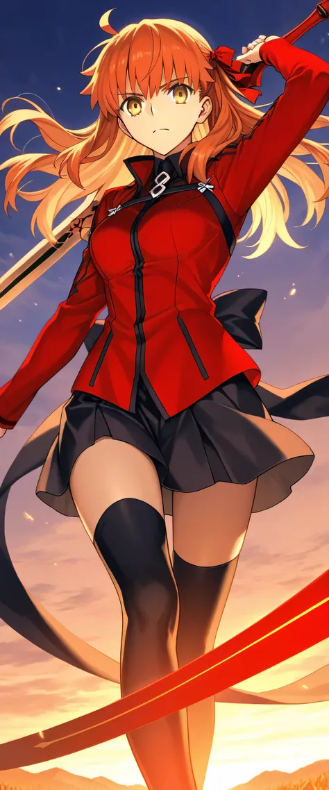 Girl mode, Emiya shirou archer mode, fate grand order, orange long hair, red clothes like true emiya ,short skirt, hold long bow, unlimited Blade works background, one girl