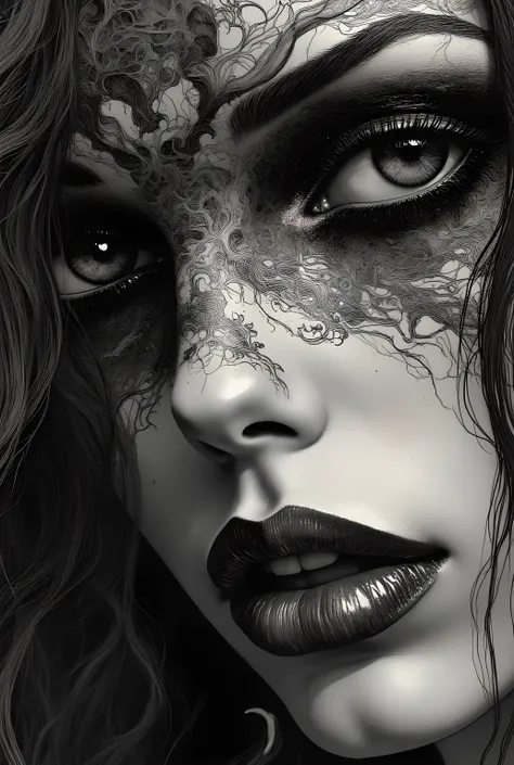 hyperrealistic porcelain texture, dramatic black eyeshadow, dark surreal aesthetic, gothic dreamlike atmosphere, smooth skin, artistic haunting style.
The textures are finely detailed, from the smoothness of her skin to the softness of her hair, The artwor...
