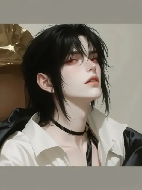 Close-up of 22 year old demon boy, smooth face,  without a beard,  red eyes,  straight black hair, Albino skin, He wears black satin clothes,  black background.