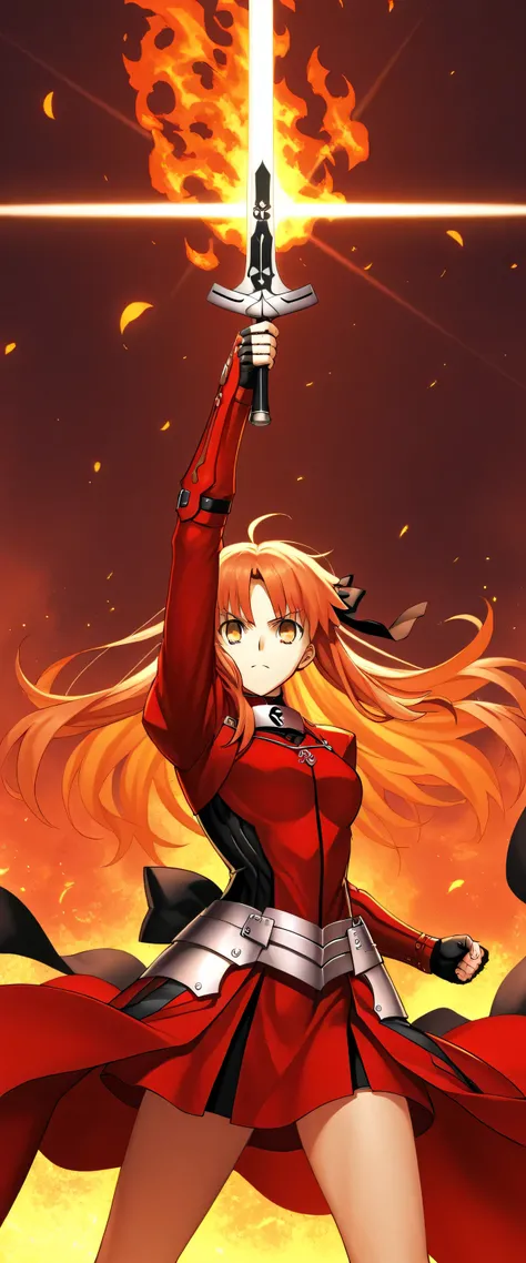 Girl mode, Emiya shirou archer mode, fate grand order, use power pose, fire and light particle, orange long hair, red clothes like true emiya ,short skirt, hold long bow, pose bow, unlimited Blade works background, one girl