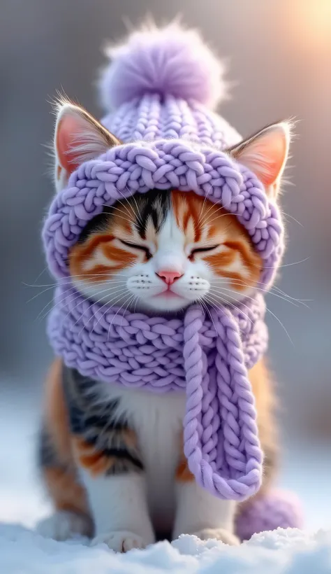 A fluffy calico kitten wearing a knitted lavender hat with a pom-pom and a matching lavender scarf. The kitten has a sleepy but grumpy expression. The background is blurred with pastel tones, creating a dreamy winter atmosphere