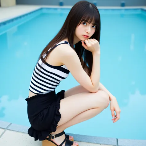 This image、 Show a young woman named Asuka sitting with her knees bent and one hand on her chin I'm doing. She has long straight hair and bangs . She wears a sleeveless top with black and white horizontal stripes , and dark short shorts with ruffles...