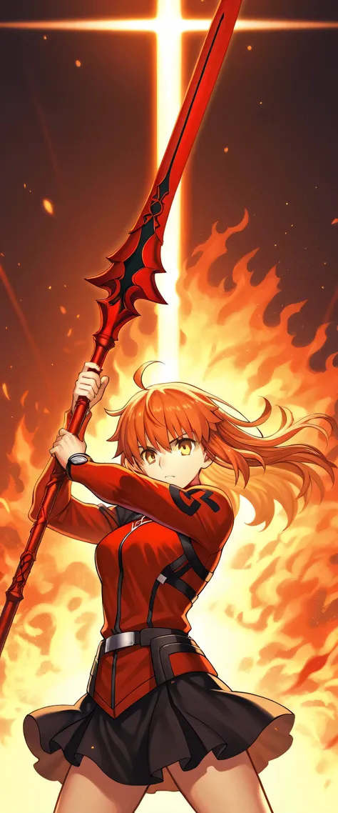 Girl mode, Emiya shirou archer mode, fate grand order, use lance gaebolg power pose, hold gae bolg spear, fire and light particle, orange long hair, red clothes like true emiya ,short skirt, unlimited Blade works background, one girl