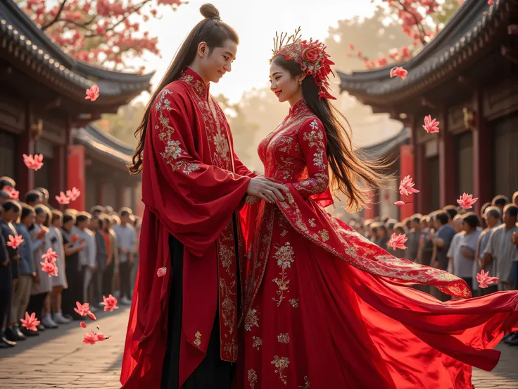 Chinese wedding, Red Groom Dress, Red bridal dress, Getting married, Romantic atmosphere , People admire,  Morning Sun, A ruffle of pink flowers fluttering in the wind,  Realistic,  Masterpiece,movies, 8k resolution,  Clear Detail.