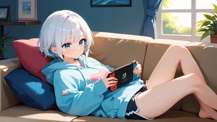 A super cute girl with white hair sitting comfortably on a cozy couch, playing a Nintendo Switch with a relaxed and happy expression. She wears an oversized hoodie and comfy shorts, holding the console in both hands while leaning back on a soft cushion. He...