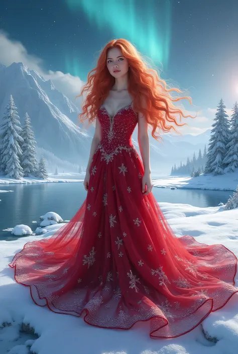 Create a frozen design long hair red dress 