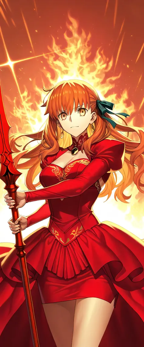 
Girl mode, milf body, D-cup, beauty hair, beauty face, Emiya shirou archer mode, fate grand order, red weding dress, use lance gaebolg power pose, hold gae bolg spear, fire and light particle, orange long hair, red clothes like true emiya ,short skirt, un...