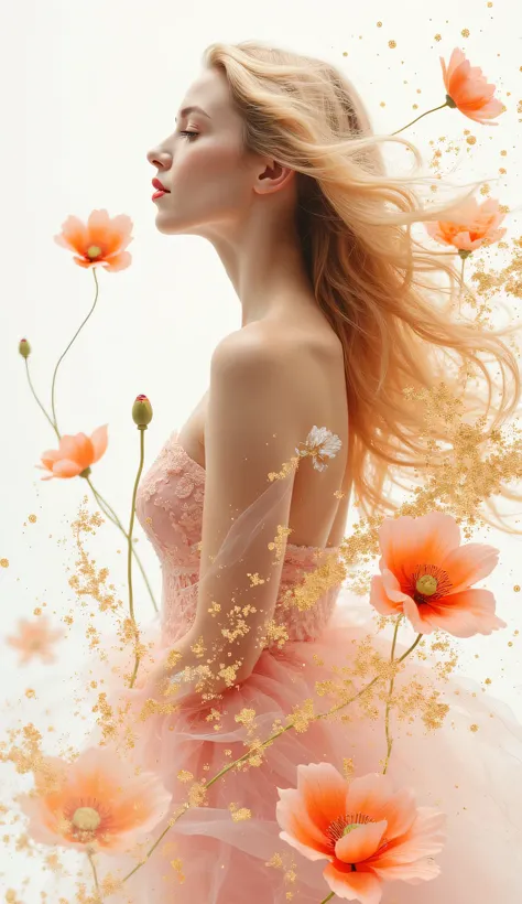 image of masterpiece abstract watercolor painting, hyper-realistic blonde woman, floating poppies like water ripples, mid-motion capture, exquisite beauty, translucent orange-pink lotus flowers, intricate filigree tendrils, floral gold and silver leaf over...