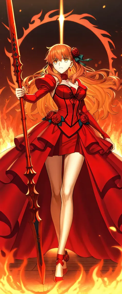 Girl mode, milf body, D-cup, beauty hair, beauty face, Emiya shirou archer mode, fate grand order, red rose weding dress, use lance gaebolg power pose, hold gae bolg spear, fire and light particle, orange long hair, red clothes like true emiya ,short skirt...