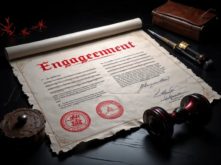  engagement contract stamped in red, Contract completed , black background,  Realistic,  Masterpiece,movies, 8k resolution,  Clear Detail.