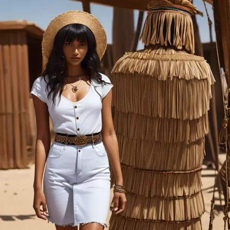 A woman wearing a dress which has a focus on environmental sustainability. the dress is made from recycled heavy cotton, including (bleached white denim) and hessian sacks. There is also a belt, jewelled necklace and a small headdress, all made from wood. ...