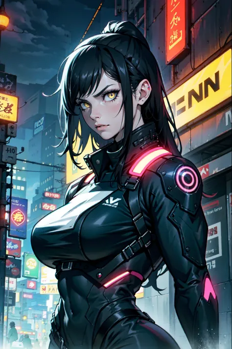 neon lights nighttime dark atmosphere black hair yellow eyes pale skin girl huge muscles woman half-lidded eyes futuristic.