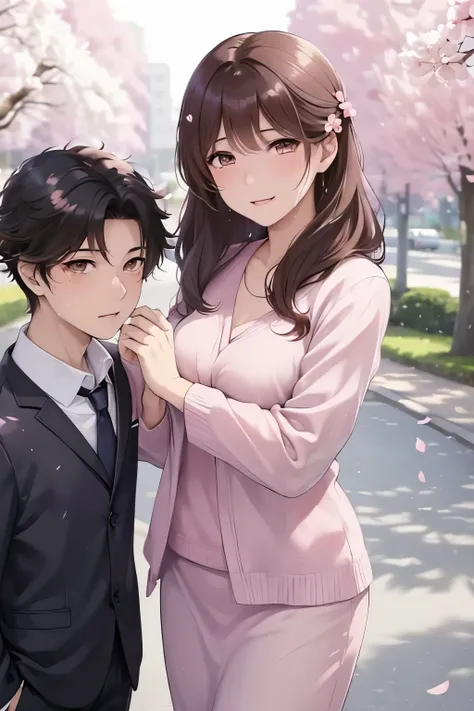 (( Woman and Age Boy ,      mother and son))、        high definition     ,  (     beautiful brown eyes、Shining eyes fine grain)、smile、超fine grain、   とても   beautiful顔 , Very fine grain, Watch 、    Woman in her 40s    、age Boy, Like,     School Graduation  ,...