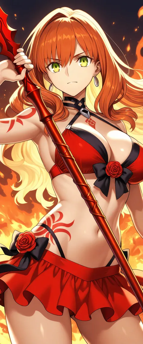 Girl mode, super milf body, G-cup, beauty hair, beauty face, mistic eye, rule tattoo, Emiya shirou archer mode, fate grand order, red rose bikini dress, use lance gaebolg power pose, hold gae bolg spear, fire and light particle, orange long hair, red cloth...