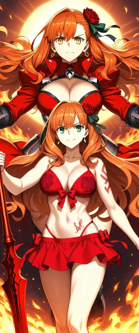 Girl mode, super milf body, G-cup, beauty hair, beauty face, mistic eye, rule tattoo, Emiya shirou archer mode, fate grand order, red rose bikini dress, use lance gaebolg power pose, hold gae bolg spear, fire and light particle, orange long hair, red cloth...