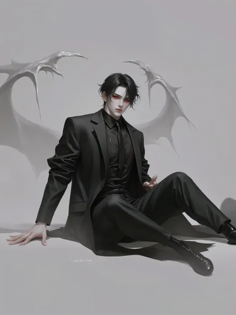 22-year-old demon boy, smooth face,  without a beard,  red eyes, Extremely smooth black hair, Albino skin, He wears black satin clothes, hellish background.