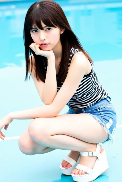 This image、 Show a young woman named Asuka sitting with her knees bent and one hand on her chin I'm doing. She has long straight hair and bangs . She wears a sleeveless top with black and white horizontal stripes , and distressed denim shorts , Show me her...