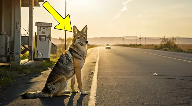 there is a dog sitting on the side of the road with a yellow arrow pointing up, dog watching the car, looking off into the distance, you can see in the picture, long coyote like ears, viral photo, her friend the cunning coyote, looking into the distance, b...