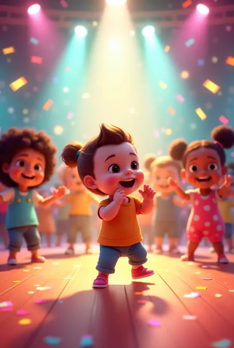 Create a vibrant, fun, and colorful animated s' music video featuring cheerful cartoon characters dancing to the lyrics. The scene should be a bright, energetic stage with flashing lights, confetti, and a groovy dance floor.

🎵 Verse 1:

A happy toddler wi...