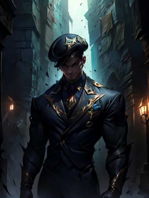 Masterpiece, Score_9, Score_8_up, Score_7_up, Score_6_up, 1male, dark skin, Masterpiece, dominant posture, taller frame, straight posing facial hair, muscular body, evil smirk, wearing a english beret, formal outfit, gloves, dark scenario,