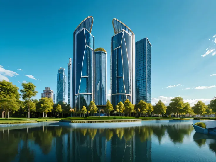 One kilometer tall skyscraper, futuristic and beautiful skyscraper with blue windows and futuristic design. Only one single skyscraper. With parks with grass and tress arpund the buildings with piletas de agua, optimistic atmosphere, clean air, optimism 