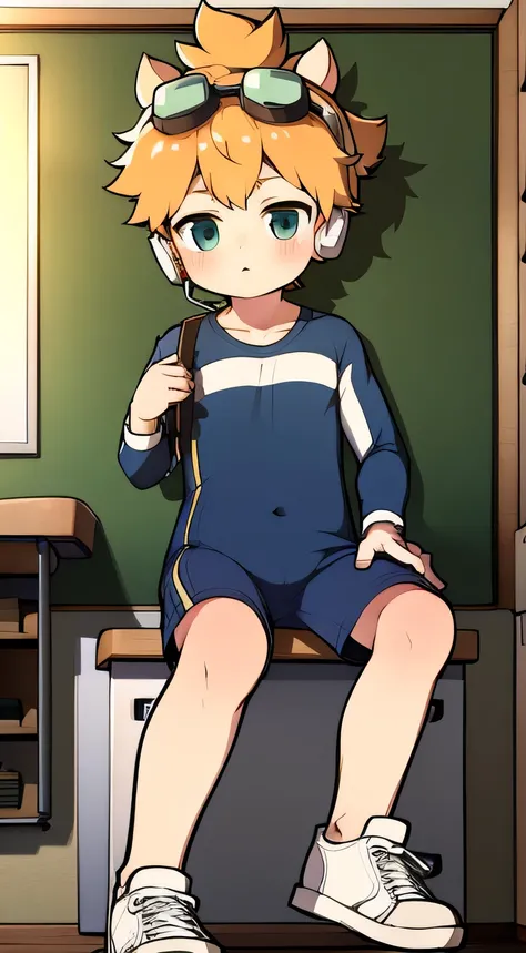 2D boy Shota ，One-piece hiking suit ， Wear headphones on your head， permanent，Goggles，trumpet，Cow ears，sneakers，classroom