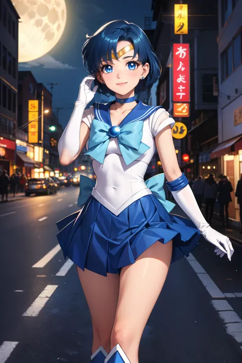 masterpiece, best quality, highres, absurdres, ultra detailed, pretty eyes,
mer1, tiara, sailor senshi uniform, blue sailor collar, bow, knee boots, choker, white gloves, blue choker, elbow gloves, jewelry, earrings, blue skirt
blowing kiss, cowboy shot, n...