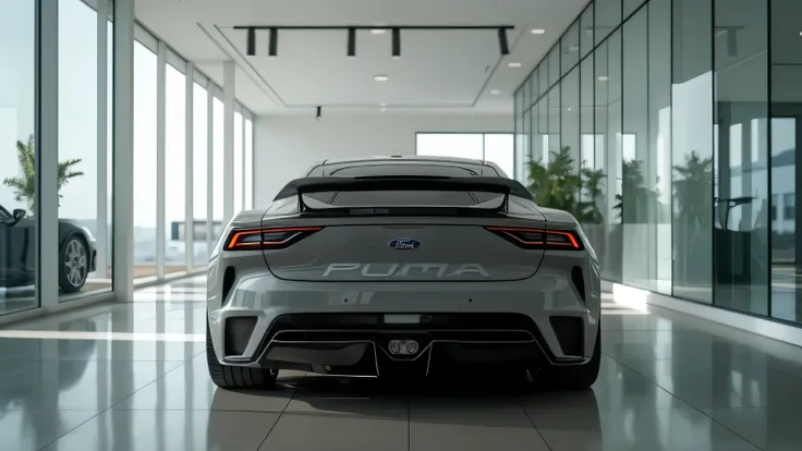 A cinematic shot of the 2025 Ford Puma’s rear design, emphasizing its aggressive bumper and stylish taillights, taken inside a modern, high-end car showroom with large glass panels.  
