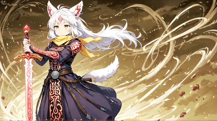 A warrior dog-eared girl with short, spiky white hair and bright yellow eyes filled with determination. Her dog ears are perked up, and her tail sways with confidence. She wears a leather armor set with intricate engravings, paired with a yellow scarf flow...