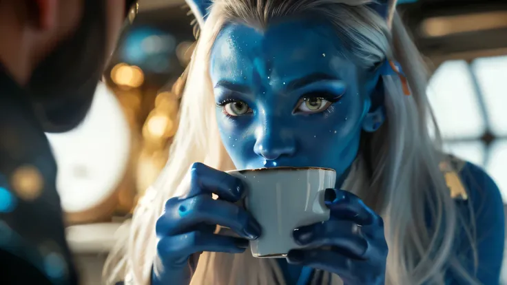 a close up of a person with blue makeup holding a cup, beautiful avatar pictures, mystique, avatar image, alien woman, movie character, elle fanning as an android, movie still of the alien girl, blue elf, elf with blue skin, female humanoid creature, eva g...