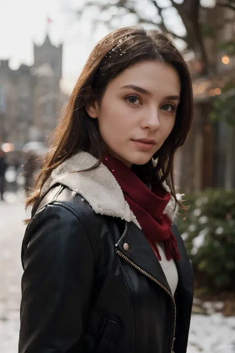 a realistic front-view portrait photography of a beautiful woman with an oval face твердый подбородок, with grey-blue eyes standing in York with York castle in the background, close-up shot, look up to the sky, detailed beautiful face, photo take by film c...