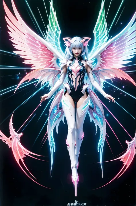 1girl, Armor, Wings, beautiful dragon, futuristic evolved Nekomata, (Neon glowing body), 2 tails, holographic, (The wings are symmetrically paired;1.5), Long shot,