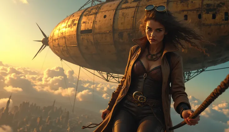 A fearless steampunk adventurer, clad in a rugged leather jacket, corset, and brass goggles, climbs the ropes of a massive abandoned airship floating above the clouds. The wind whips through her long coat as she ascends, determination in her eyes. The airs...