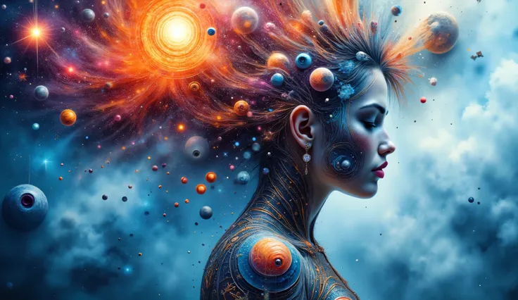 a profile of a woman with intricate tattoos on her shoulder. Her hair appears to blend with a vivid explosion of colors and shapes, symbolizing celestial elements like planets and cosmic phenomena. These elements emerge from her head, creating a surreal an...