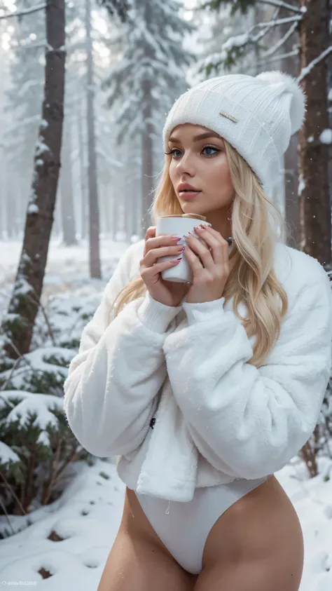 The 23-year-old Russian-Norwegian influencer walks through a snow-covered forest, wrapped in a luxurious white faux-fur coat and knee-high boots. Her blonde hair peeks from under a cozy knitted beanie, and her emerald-blue eyes sparkle against the crisp wi...