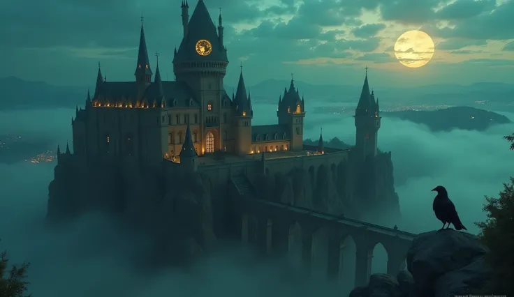 "Gothic castle at twilight, aerial view from crow's perspective, mist swirling around spires, stained-glass window with glowing cat motif, teal and gold color palette, dramatic lighting, hyper-detailed, 8k, trending on ArtStation, by Jesper Ejsing and Raym...