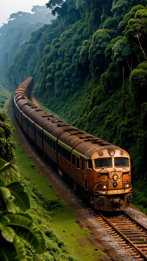 a rusty long train with a lion skull, in the amazon jungle, on the highest cliff, fog, details, hyperrealistic, 16k, 100 monkey sitting on the train