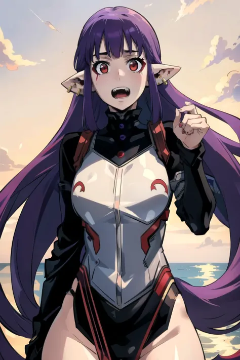 ( Masterpiece ,  Luchshee Kachestvo),   intricate details ,
 1girl,     1girl, bodysuit,  earrings,  facial tag , fangs,  long hair,  Looking at the viewer ,  open mouth,  pointy ears ,  tail,  purple hair,  Red eyes , One,  upper body , very  long hair