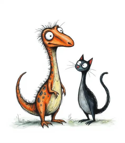 un adorable dinosaure,et un chat, un style de dessin simple. Une illustration vectorielle plate avec des rayures colorées sur fond blanc. Des lignes audacieuses et des couleurs vibrantes avec des textures détaillées, Sam Toft
