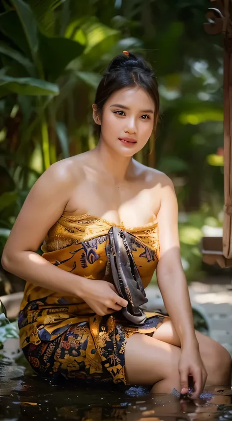 1 Indonesian-Dutch girl, 25 years old, long fashion hair, fit body, small cleavage, skintight black lace kebaya, batik skirt, masterpiece, highly detailed, ultra hd, 8k, detailed face, bright eyes, perfect eyes, detailed skin texture, detailed lips, sexy l...