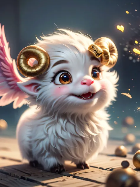 Realistic airbrush, An agathion with a cute, chibi-like appearance. This agathion should have sheep-like horns, a white fluffy head, and pink wings. In his hands, he holds a clenched harp with a heart on it, and golden sparkles shine around him, emphasizin...