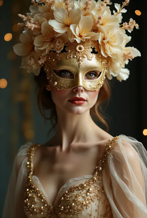 /imagine Ultra HD, hyper-detailed studio portrait of a regal woman in an extravagant masquerade costume, captured with a Canon EOS R5 camera and an 85mm f/1.4 lens for razor-sharp focus and creamy bokeh. The golden mask features intricate floral filigree, ...