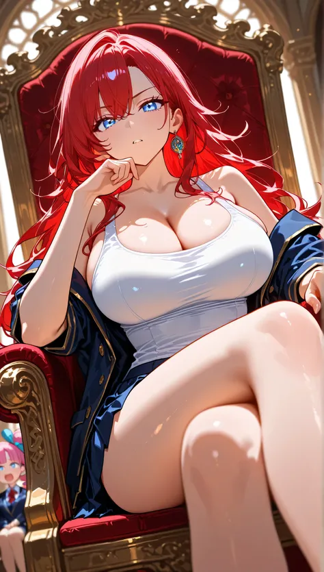 1fille, Alone,  bottom view , dutch angle,  bare shoulders, blue eyes, cleavage,  earrings, sit on throne, jewelry,  long hair, manches longues, looking player, big breasts , down, wild hair,cils,tank top, blue shiny eyes, bare shoulder , big laugh,massive...